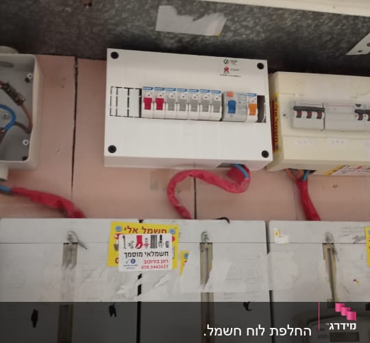 לוח חשמל עם מפסקים וחוטים אדומים